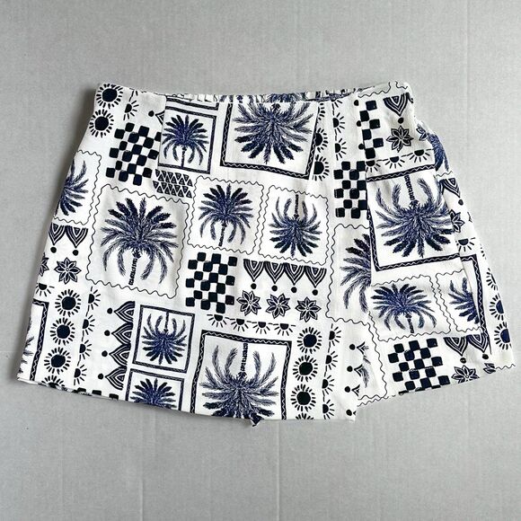 Monteau White Mini Skirt Skort Tropical Blue Tile Print Women’s Large Retro - Picture 1 of 11